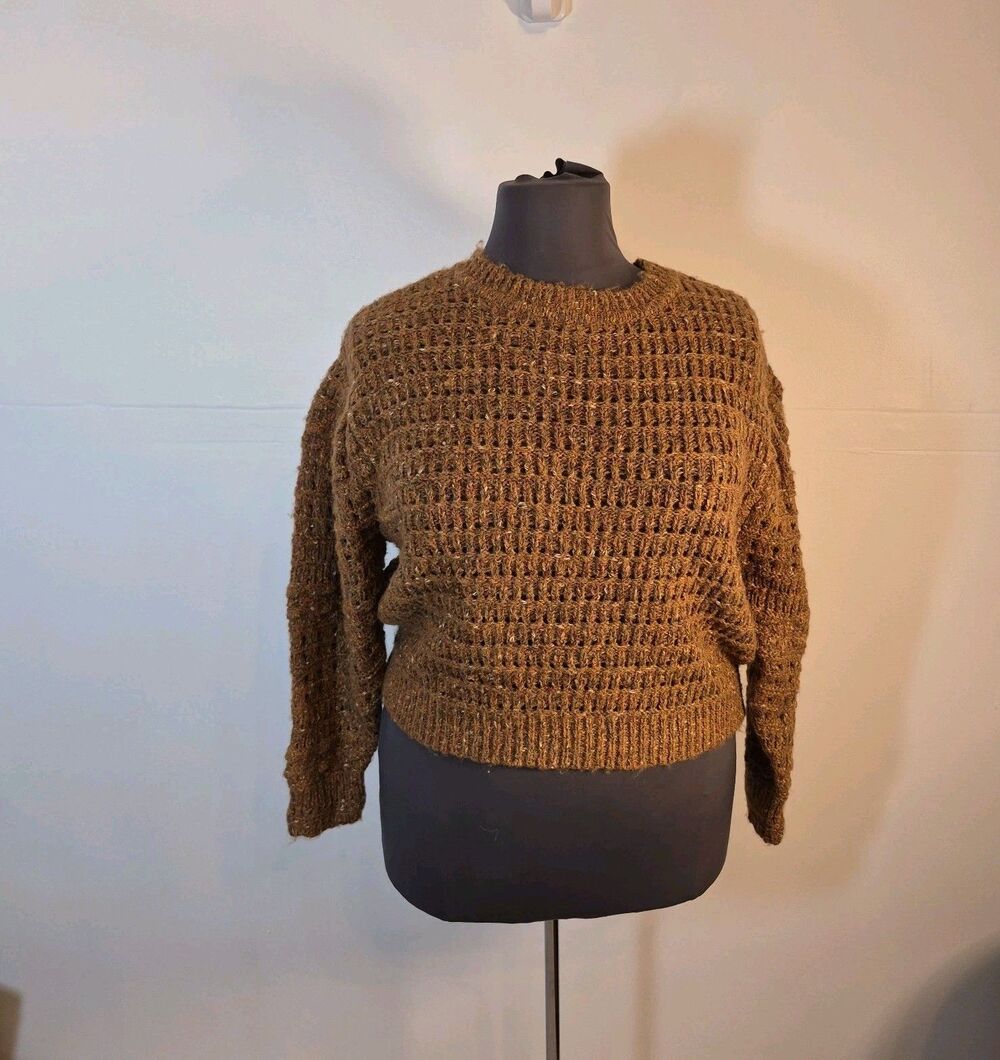 Universal Thread Womens Open Weave Cropped Sweater Size XXL Brown Puff Sleeve